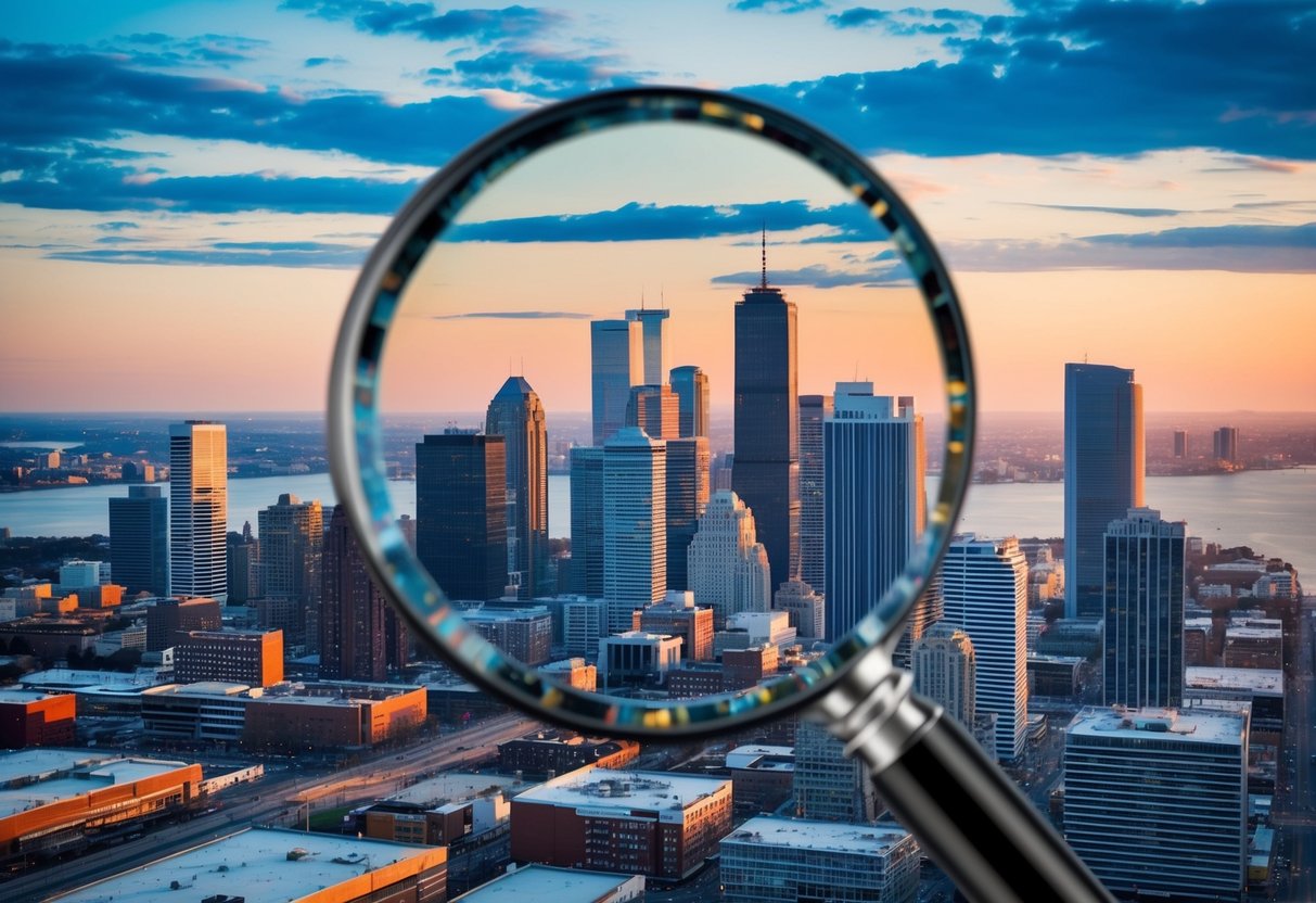 SEO Local para Empresas: Estrategias Efectivas para Atraer Clientes 3 Un horizonte de la ciudad con varios negocios locales y una lupa destacando contenido relevante