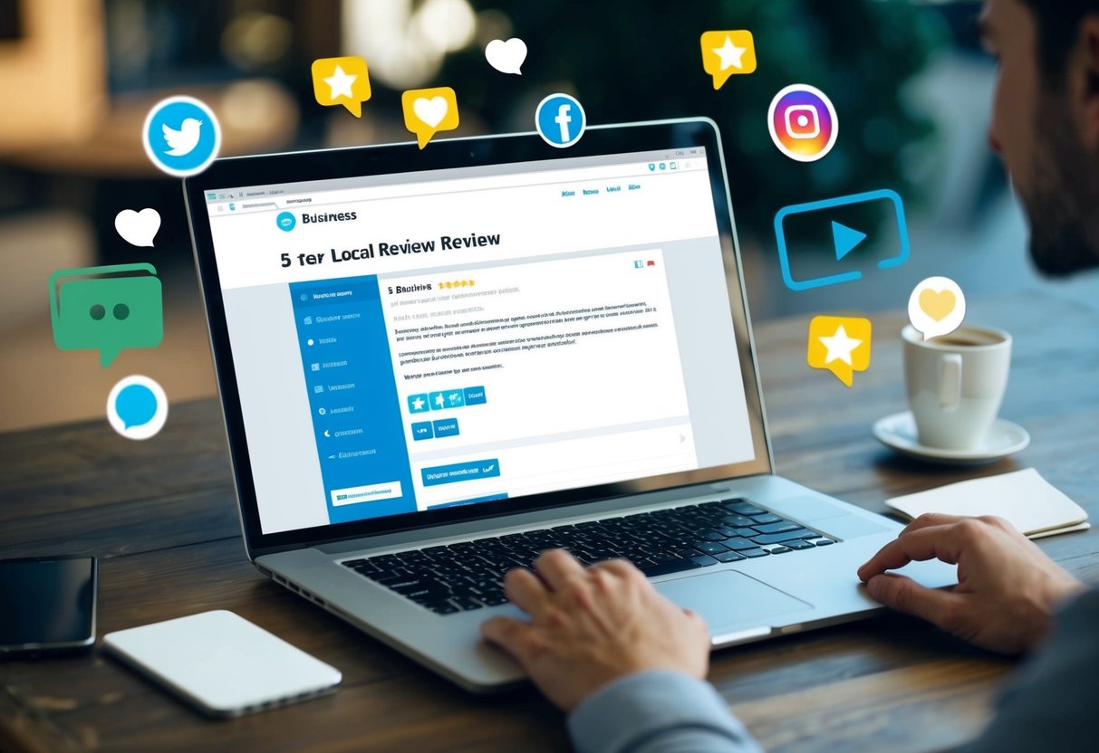 SEO Local para Empresas: Estrategias Efectivas para Atraer Clientes 4 Una laptop que muestra una página de reseñas de 5 estrellas para un negocio local, rodeada de comentarios positivos de clientes e íconos de redes sociales.