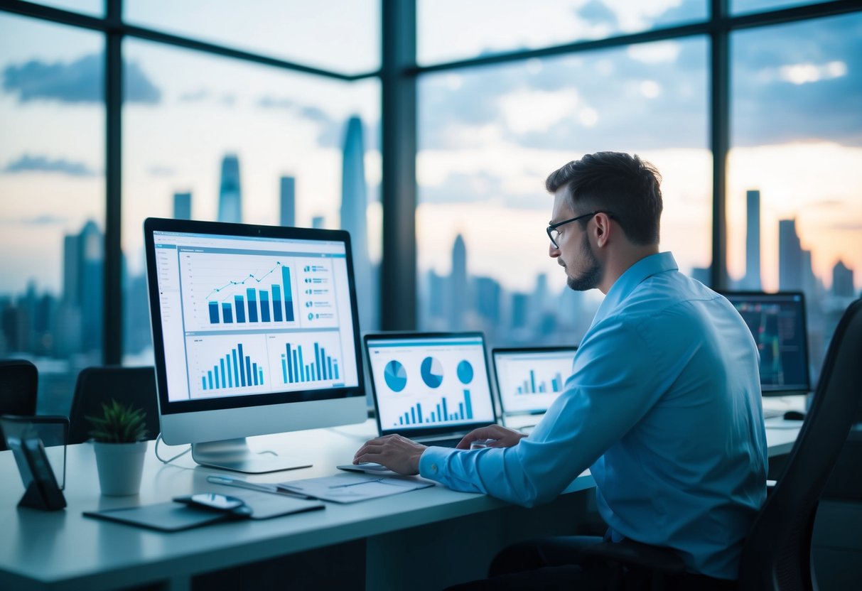 SEO Local para Empresas: Estrategias Efectivas para Atraer Clientes 5 Una persona analizando datos en una computadora, rodeada de gráficos y tablas, con el horizonte de la ciudad de fondo.