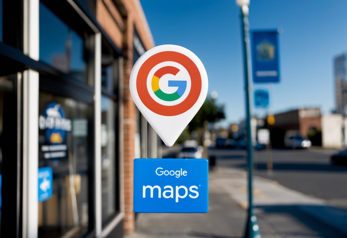 Cómo Aparecer en Google Maps en 2025: Guía Completa para Negocios 3 Una tienda con un pin de Google Maps prominente flotando sobre ella, rodeada de otros negocios y lugares cercanos.